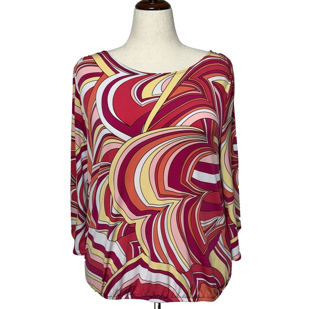 Chicos Top Womens Large 2 Purple Yellow Blouson Abstract Split Sleeve Boatneck